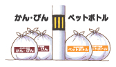 かんびんの指定袋とペットボトルの指定袋を分けて置いた状況