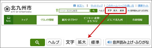 画像：文字の「拡大」ボタンは、北九州市ホームぺージ全画面右上部、「検索」ボタンの右に配置しています。