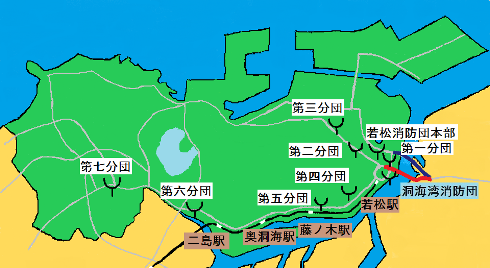 若松消防団・洞海湾消防団の配置図