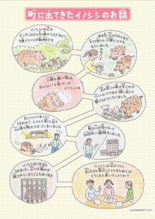 小学生にイノシシへのエサやり問題や、ゴミマナーを学んでもらうために作成しました「町に出てきたイノシシのお話」のイラスト