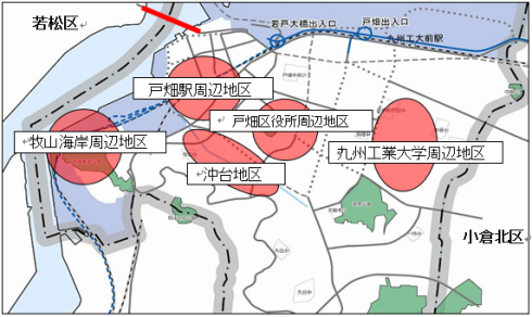 「戸畑まちづくり構想」主要整備地区位置図