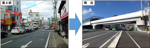 踏切除却による渋滞解消（着工前と現在の写真）