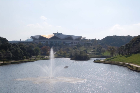 中央公園金毘羅池のほとりから総合体育館を望む