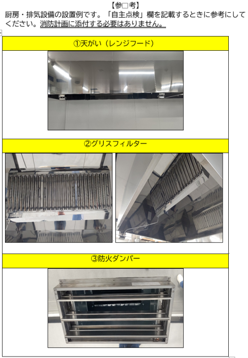 厨房・排気設備の設置例（天がい・グリスフィルター・防火ダンパー）の写真