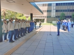 7月31日 下水道支援第1陣の合同出発式（館副市長からの訓示）の様子