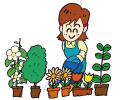 花に水やりをする女性イラスト