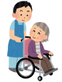 介護施設の職員と車椅子の女性高齢者イラスト