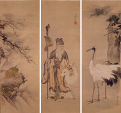 狩野晴皐・狩野芳崖（合作）《寿老に鶴亀》1867年