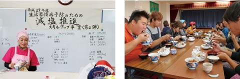 北九州市立大学の学生を相手に「食育講座」を開催している写真