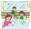 図書館で3人の子供たちが本を読んでいるイラスト
