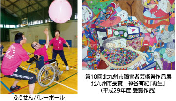 ふうせんバレーボール（左）第10回北九州市障害者芸術祭作品展　北九州市長賞　神谷有紀『再生』（平成29年度 受賞作品）（右）写真