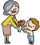 お婆さんに子供が花束を渡しているイラスト