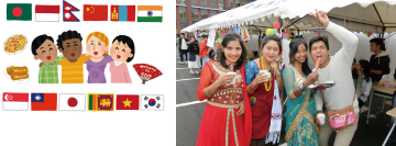 留学生文化祭イメージイラスト（左）と留学生文化祭イメージ写真（右）