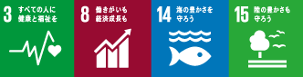 3 すべての人に健康と福祉を　8 働きがいも 経済成長も　14 海の豊かさを守ろう　15 陸の豊かさも守ろう