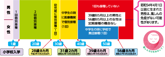 1回個別接種　小学校入学未満の男性と女性　2回個別接種　小学校入学以上、28歳8カ月平成2年4月2日生まれ未満の男性と女性　幼児期に個別接種（1回）　28歳8カ月平成2年4月2日生まれ以上、31歳2カ月昭和62年10月2日生まれ未満の男性と女性　中学生の時に医療機関で個別接種（1回）　31歳2カ月昭和62年10月2日生まれ以上、3　歳8カ月昭和54年4月2日生まれ未満の男性と女性　中学生の時に学校で集団接種（1回）　39歳8カ月昭和54年4月2日生まれ以上、56歳8カ月昭和37年4月2日生まれ未満の女性　1回も接種していない　39歳8カ月昭和54年4月2日生まれ以上の男性と56歳8カ月昭和37年4月2日生まれ以上の女性は定期接種の機会なし　昭和54年4月1日以前に生まれた男性は、風しんの免疫がない可能性があります。