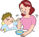 赤ちゃんにママが離乳食を食べさせるイラスト
