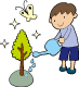 子供が植樹した木に水をあげているイラスト