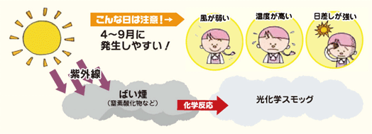 イラスト：こんな日は注意！→
風が弱い
温度が高い
日差しが強い
4～9月に発生しやすい！

紫外線
ばい煙（窒素酸化物など）
→化学反応
光化学スモッグ