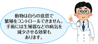 動物は自らの意思で繁殖をコントロールできません。手術には生殖器などの病気を減少させる効果もあります。