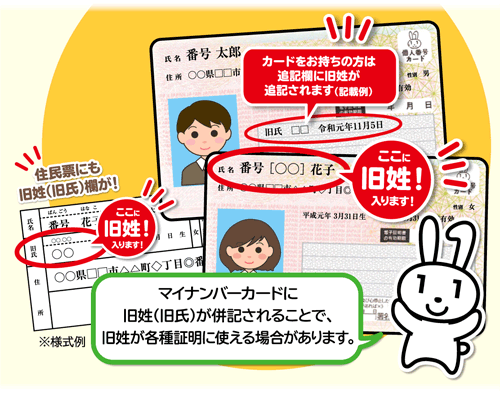 マイナンバーカードに旧姓（旧氏）が併記されることで、旧姓が各種証明に使える場合があります。