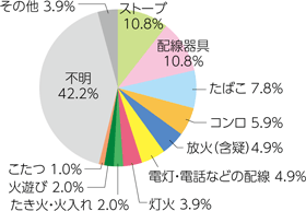 ストーブ　10.8％
配線器具　10.8％
たばこ　7.8％
コンロ　5.9％
放火（含疑）　4.9％
電灯・電話などの配線　4.9％
灯火　3.9％
たき火・火入れ　2.0％
火遊び　2.0％
こたつ　1.0％
不明　42.2％
その他　3.9％