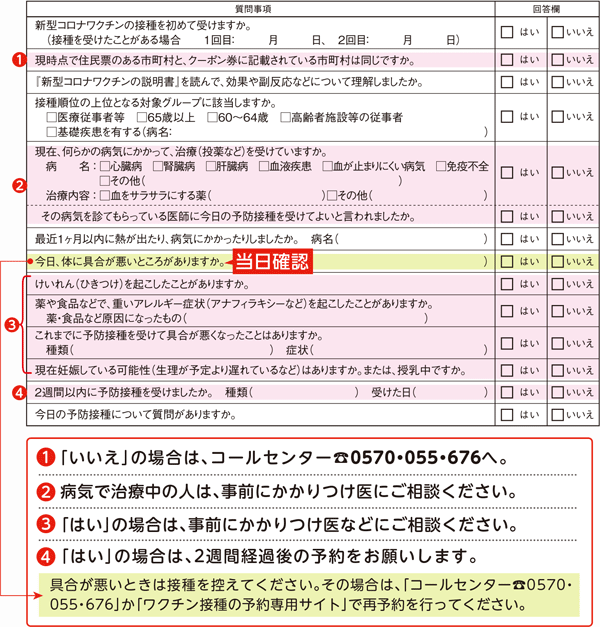 予診票　（1）「いいえ」の場合は、コールセンター　電話0570・055・676へ。　（2）病気で治療中の人は、事前にかかりつけ医にご相談ください。　（3）「はい」の場合は、事前にかかりつけ医などにご相談ください。　（4）「はい」の場合は、2週間経過後の予約をお願いします。