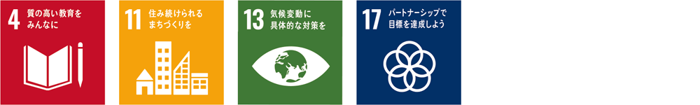 SDGsアイコン4 質の高い教育をみんなに
11 住み続けられるまちづくりを
13 気候変動に具体的な対策を
17 パートナーシップで目標を達成しよう
