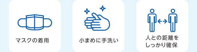 マスクの着用　小まめに手洗い　人との距離をしっかり確保