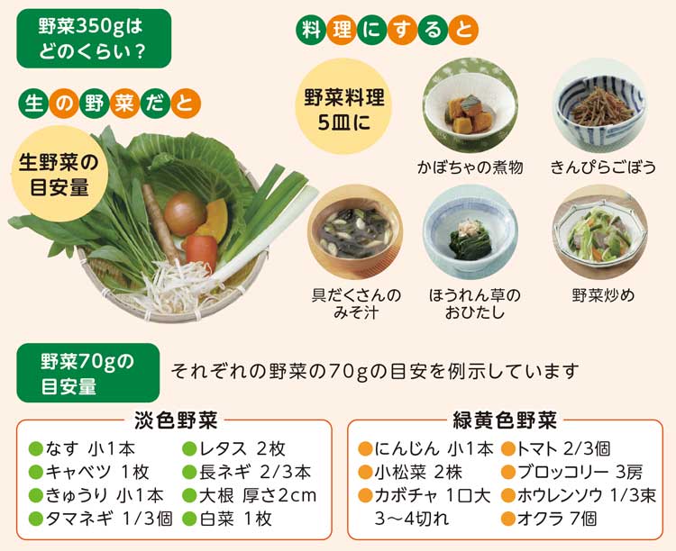 野菜350gはどのくらい？
	生の野菜だと
	生野菜の目安量
	料理にすると
	野菜料理5皿に
	●かぼちゃの煮物●きんぴらごぼう●具だくさんのみそ汁●ほうれん草のおひたし●野菜炒め
	野菜70gの目安量
	それぞれの野菜の70gの目安を例示しています
	淡色野菜
	●なす 小1本●キャベツ 1枚●きゅうり 小1本●タマネギ 1/3個●レタス 2枚●長ネギ 2/3本●大根 厚さ2cm●白菜 1枚
	緑黄色野菜
	●にんじん 小1本●小松菜 2株●カボチャ 1口大 3〜4切れ●トマト 2/3個●ブロッコリー 3房●ホウレンソウ 1/3束●オクラ 7個