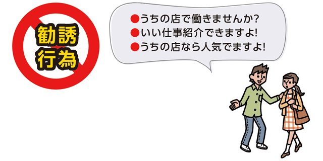 勧誘行為
●うちの店で働きませんか？
●いい仕事紹介できますよ！
●うちの店なら人気でますよ！