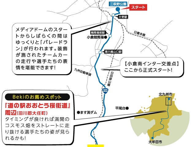 Bekiのお薦めスポット
                        『道の駅おおとう桜街道』周辺（田川郡大任町）
                        タイミングが良ければ満開のコスモス畑をストレートに走り抜ける選手たちの姿が見られるかも！