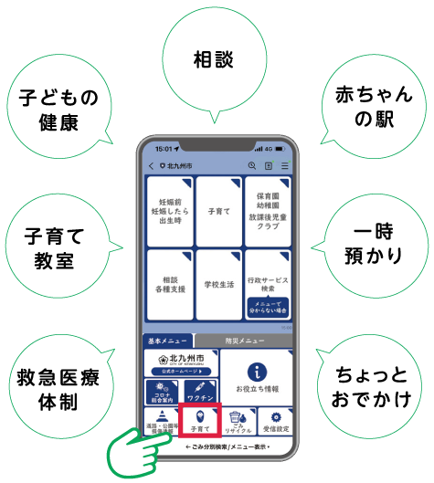 公式アカウントの画像　相談　赤ちゃんの駅　一時預かり　ちょっとおでかけ　子どもの健康　子育て教室　救急医療体制　など