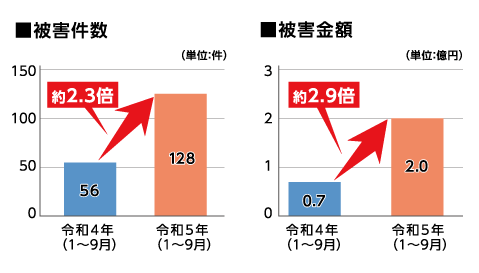 ニセ電話詐欺の被害件数と被害金額の棒グラフ