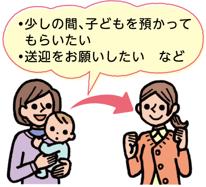 ・少しの間、子どもを預かってもらいたい・送迎をお願いしたい　などのイラスト