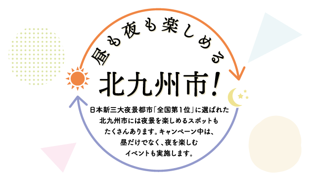 昼も夜も楽しめる北九州市！日本新三大夜景都市「全国第1位」に選ばれた北九州市には夜景を楽しめるスポットもたくさんあります。キャンペーン中は、昼だけでなく、夜を楽しむイベントも実施します。