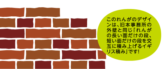 このれんがのデザインは、旧本事務所の外壁と同じ「れんがの長い面だけの段、短い面だけの段を交互に積み上げるイギリス積み」です！