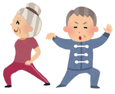 ストレッチをする女性と太極拳をする男性のイラスト