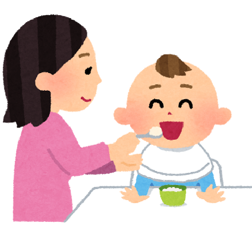 離乳食を食べる母親と子供のイラスト