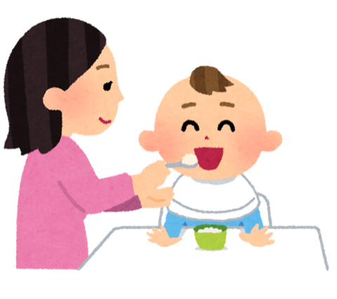 母親が赤ちゃんに離乳食を食べさせているイラスト