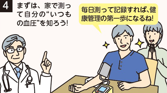4　まずは、家で測って自分の“いつもの血圧”を知ろう！　毎日測って記録すれば、健康管理の第一歩になるね！