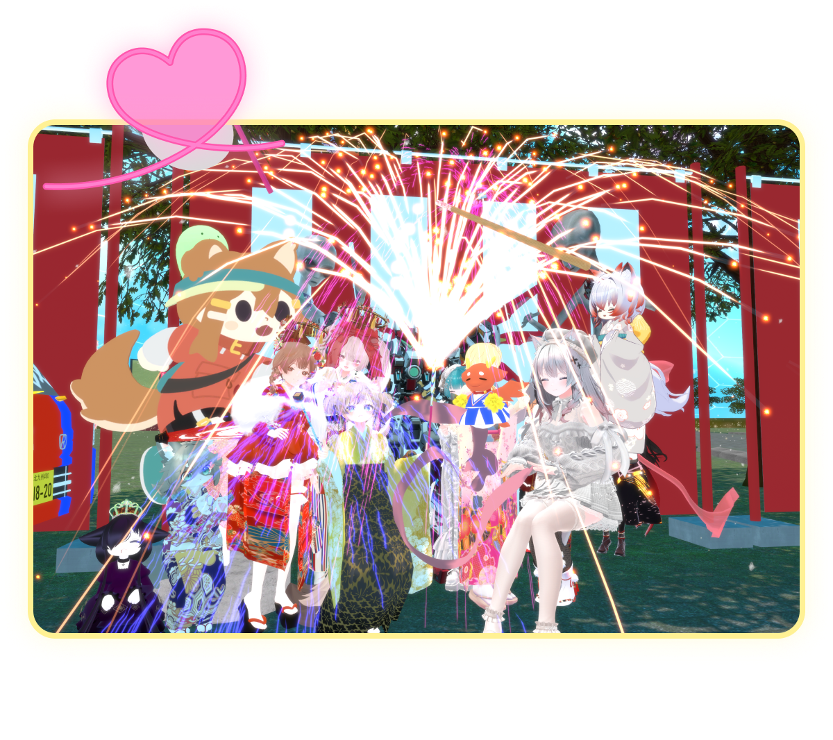 大勢のキャラクターが花火をしている