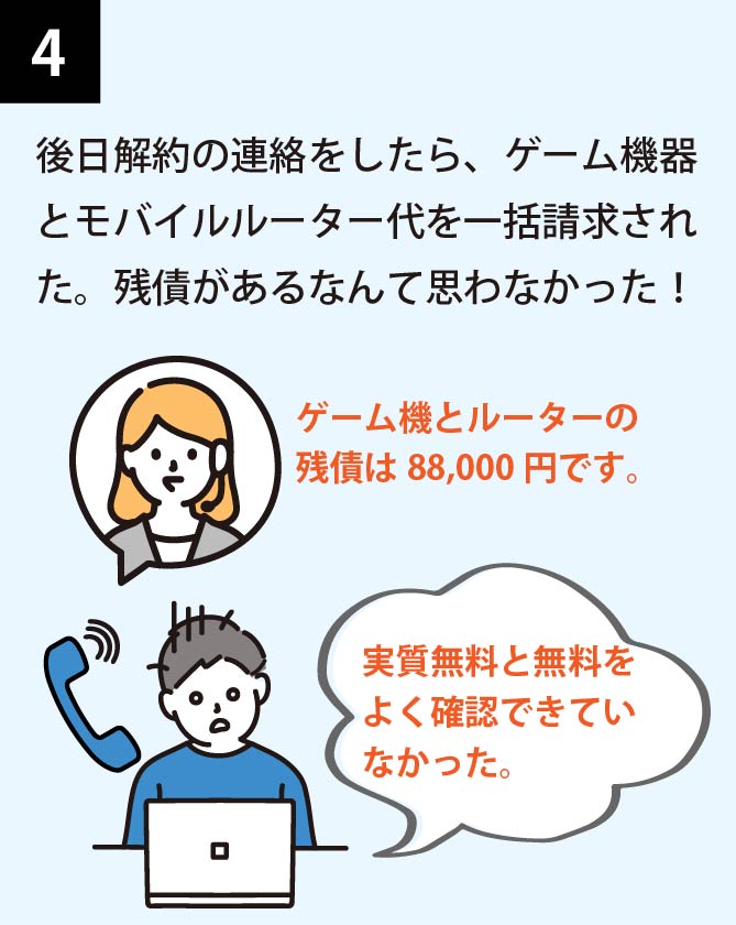 後日解約の連絡をしたら、ゲーム機器とモバイルルーター代を一括請求された残債があるなんて思わなかった！