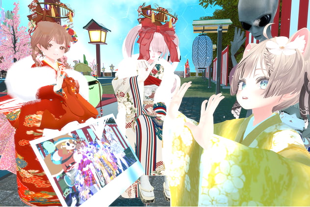 着物を着た、３人の女性キャラクター